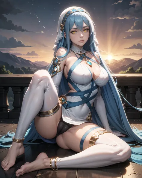 1girl, detailed, masterpiece,HDR, detailed sharp, best quality, 
solo, 
looking at viewer, 
cherrmous style, illustration,
large breasts,
Azura_DG, yellow eyes, blue hair, bangs, very long hair,
sunset,
anklet, fingerless gloves,white dress, veil, jewelry,...