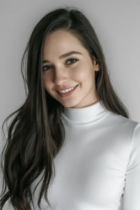 Portrait photo of k4rl33gr3y woman, white turtleneck blouse, sharp, high definition, photograph, slight smile