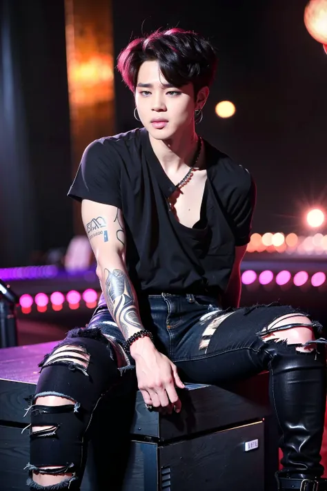 <lora:5AF93AC5F5:0.7> Jimin, eyes looking at camera, jawline, parted lips (1boy), (Jimin from BTS K-pop group) sitting in the studio, (goth style, emo style, wearing all black, ripped black jeans), ((black eye liner)), (bokeh:1.2), ultra realism, high fash...