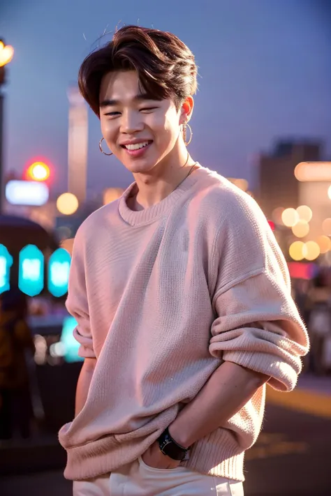 <lora:5AF93AC5F5:0.7> (Jimin), BTS Jimin (1boy), 22yo, out for a walk in the city with a trendy parted hair style, wearing trendy high fashion, full lips, big smile, laughing, teeth, squinty eyes, happy. (bokeh:1.2), ultra realism, RAW photo, detailed phot...