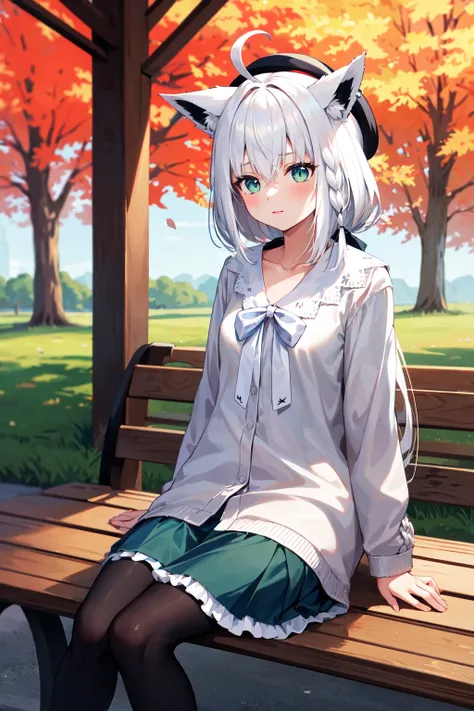 masterpiece, best quality, highres, ccfbk, long hair, ahoge, animal ears, (beret:1.2), black headwear, fox tail, collarbone, white bowtie, white shirt, long sleeves, frilled skirt, green skirt, black pantyhose, <lora:shirakami_fubuki_v1:0.8>, sitting, benc...