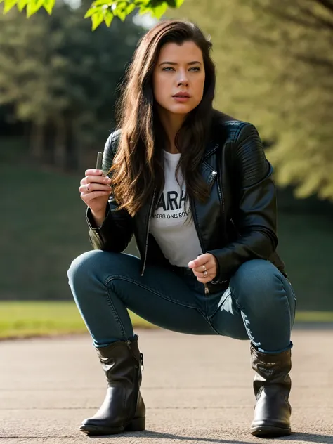 A beautiful p3yt0nl1 woman, 1girl,solo,long hair,looking at viewer,blue eyes,brown hair,shirt,long sleeves,jacket,boots,outdoors,pants,blurry,blurry background,squatting,denim,jeans,realistic,leather,denim jacket,soft lighting, professional Photography, Ph...