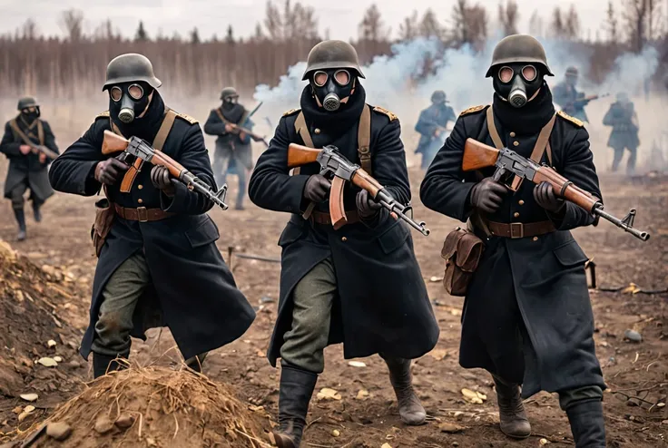 photo of russian soldiers wearing black ww1 gas masks and black helmets and black leathercoats holding ak47 rifles, fighting in the battlefield in war in russia