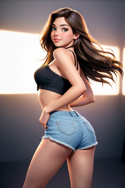 RAW photo of woman, (full body shot, from behind:1.1) portrait on a black plain background, (smile, happy:1.1), sharp focus, best quality, extremely detailed. (short shorts, halter top:1.2). in a crowded dance club, (lens flare:1.01). BREAK z03-001, brunet...