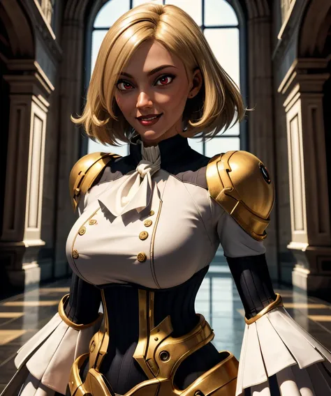 phoebe,red eyes,short hair,
dress,neckerchief,
standing,upper body,smile,gold trim,
science fiction,castle,
(insanely detailed, masterpiece, best quality),solo,<lora:Phoebe:0.8>,