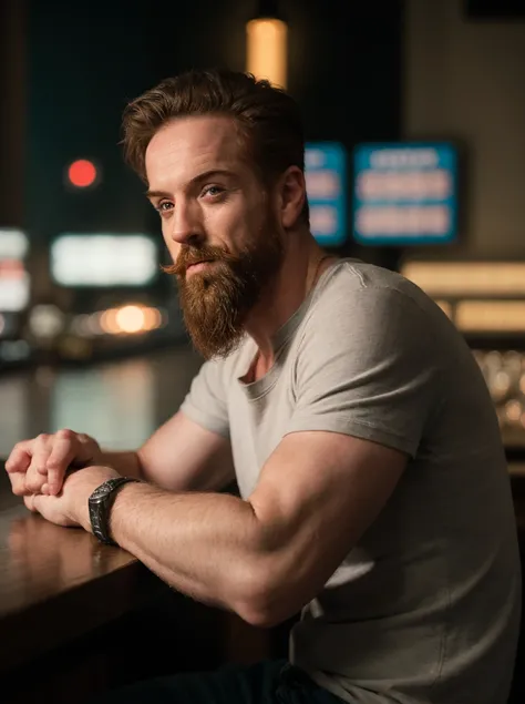 raw photo of dam1an,beard, sitting in a bar,wearing a t-shirt,cyberpunk setting,(close-up),cloudy,volumetric fog,city street,(masterpiece:1.0), (best quality:1.0), (intricate details), flash photography