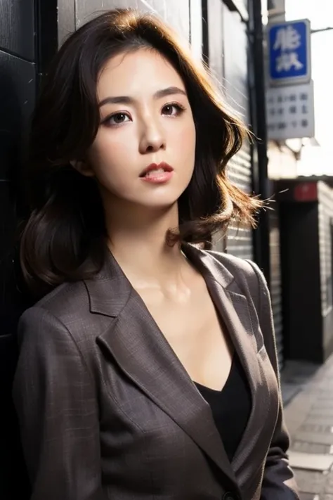 Best quality,masterpiece,ultra high res,(photorealistic:1.2),1girl,in the dark,deep shadow,low key,slim body,undone hair,taipei street alley,dynamic pose,face closeup,(cleavage:0.6),medium breasts,<lora:amanda_chou:0.9>,light brown hair,formal suit,hime cu...