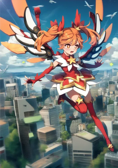 1girl, solo, twintails, orange hair, orange eyes, star-shaped pupils, magical girl, elbow gloves, fingerless gloves, thighhighs, mechanical wings, flying, sky, outdoors, city <lora:Hiroyama Hiroshi:1>, score_9, score_8_up, score_7_up, score_6_up, score_5_u...