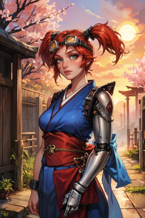 masterpiece, best quality, 1girl, solo, looking at viewer, breasts, <lora:gaigebl2-guy-v2:.85>, gaigebl2, goggles on head, twintails, freckles, bandaid on face, single mechanical arm, kimono, temple, cherry blossoms, outdoors, sunset,