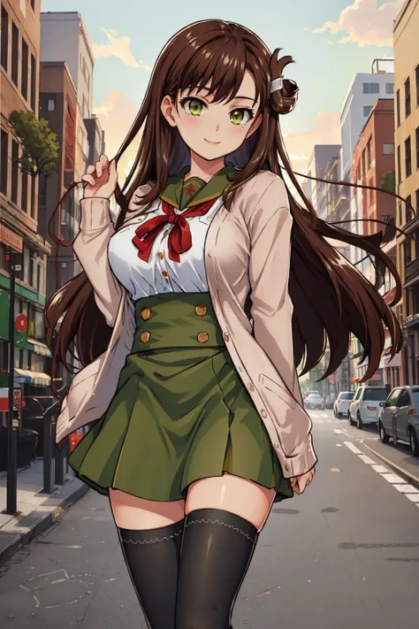 (masterpiece, best quality:1.2), full body, 1girl, solo, yuri_wakasa, <lora:wakasayuri7:0.8>, smile, laugh, brown hair, green eyes, tareme, long hair, hair ornament, cardigan, (large breasts:1.2), black thighhighs, (looking at viewer:1.1), city