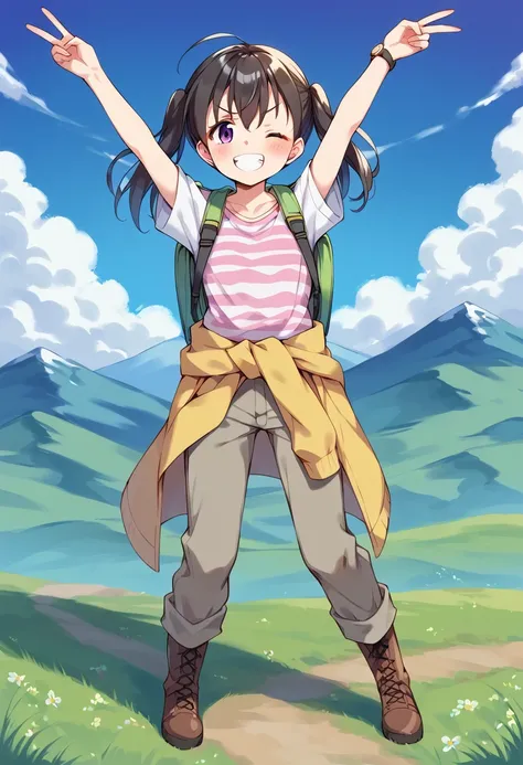 score_9, score_8_up, score_7_up, best quality, masterpiece, source_anime BREAK
1girl, kuraue hinata, 1girl, solo, smile, twintails, one eye closed, bag, purple eyes, backpack, black hair, striped shirt, clothes around waist, grin, short sleeves, looking at...