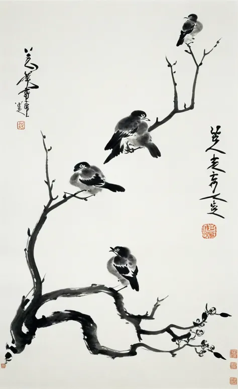 <lora:å«å¤§å±±äººç»é£-000009:0.8>,no humans,branch,two birds,chinese text,tree,animal focus,animal,monochrome,traditional media,the art of chinese calligraphy,orchid,brush strokes,traditional art,white background,asian culture,artistic seal,minimalistic...