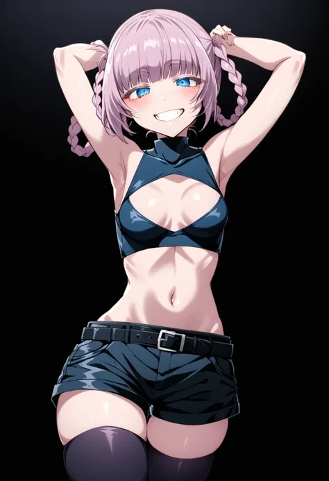 nanakusa_nazuna_xl, nanakusa nazuna (yofukashi no uta), a woman in a black top and shorts posing for a picture, 1girl, solo, sleeveless turtleneck, belt, shorts, smile, crop top, thighhighs, turtleneck, grin, hair rings, sleeveless, looking at viewer, armp...