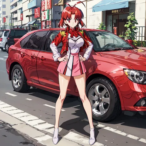 <lora:Mikoto_Utsugi-10:1>outdoor,street,Masterpeace,high quality, Mikoto_Utsugi, 1girl, solo,short hair, red eyes, long sleeves, red hair, uniform, antenna hair, cropped jacket, large breasts, standing, full body, hands on hip