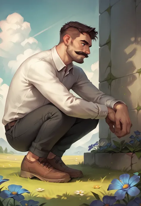 score_9, score_8_up, score_7_up, score_6_up, score_5_up, score_4_up, BREAK rating_safe, 1boy, solo, shirt, male focus, outdoors, flower, white shirt, shadow, squatting, facial hair, pants, collared shirt, black pants, grass, long sleeves, short hair, day, ...