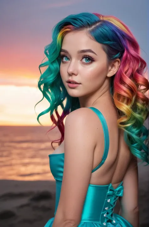 candid scene of a beautiful young woman, soft lips, cute eyes,  rainbow wavy hair, cleavage, the cutest ever, cute expression, pilgrim costume, dusk, ruby skin, sparkling teal eyes, blush, from behind, small breasts, semirealistic, (colorful, cute, vivid),