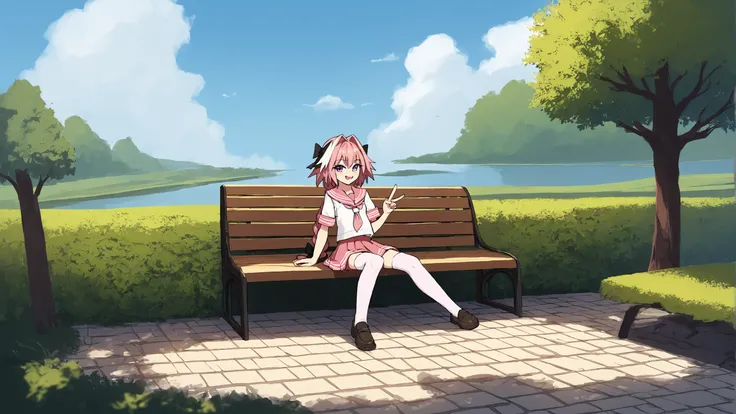 score_9, score_8_up, score_7_up, score_6_up, score_5_up, score_4_up, rating_safe
BREAK
astolfo (fate), otoko no ko, pink hair, braid,
BREAK
solo, sitting, stone bench, pink serafuku, white shirt, pink thighhighs, pink skirt, peace sign,
BREAK
park, day, cl...