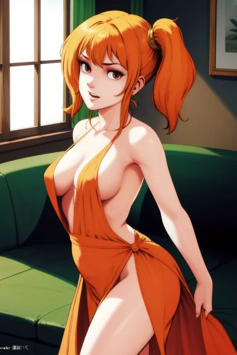 solo, 1girl, female, contempt, looking at viewer, orange hair, side ponytail, wispy bangs, evening gown, living room, god rays <lora:Mikuriya_style_v01.99.20:1>