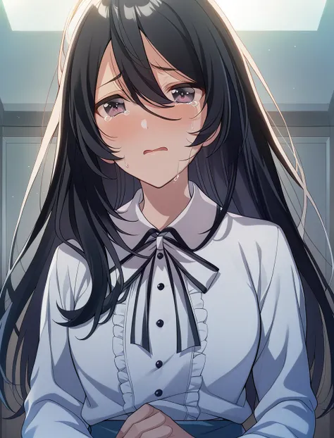 1girl,houjo chihaya,dress shirt,ribbon, 4buttons,uppr body,tears,crying,wavy mouth, parted lips, sad,masterpiece,open mouth,happy,blush,solo,best quality,game cg,(beautiful eyes:1.3),<lora:HoujoChihayaXL:1>,