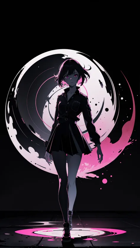 (silhouette:1.25),1girl,dark background,blacklight,mid shot,full body,somber expression,looking down,dark energy,vibrant magenta,portal to another world,flat color,flat shading,ultra realistic,highres,superb,8k wallpaper,extremely detailed,intricate,limite...