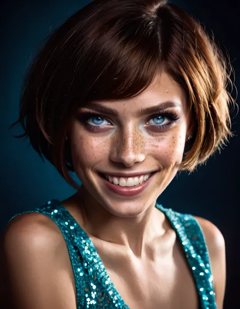 beautiful lady, (freckles), big smile, blue eyes, short hair, dark makeup, hyperdetailed photography, soft light, head and shoulders portrait, cover <lora:SDXLFaeTastic2400:1.0>,