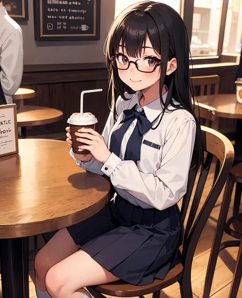 1girl, school uniform, blush, smile, POV dating, cafe, sitting, slim thighs, table, chair, crowd, coffee, under-rim glasses