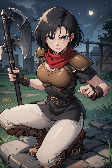 (holding_axe,fighting stance),angry,full_body, <lora:machyuaV1:0.85>,machyua,looking at viewer,  fingerless gloves, belt, shoulder pads, white pants, short sleeves,red scarf, breastplate, knee boots,outdoors,dark,night, (masterpiece, best quality, ultra-de...