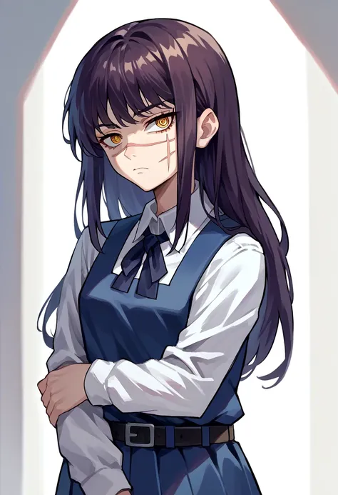 score_9, score_8_up, score_7_up, source_anime, solo, 1girl, csmyoru, scar on face, expressionless, looking at viewer, hand on own arm, yellow eyes, ringed eyes, school uniform, pinafore dress, white shirt, ribbon, long sleeves, belt <lora:csm_yoru_ponyXL:1...