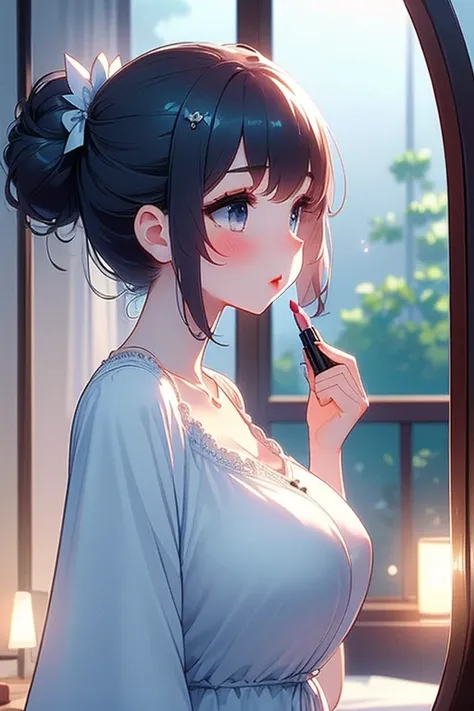 (((masterpiece))),  (((best quality))), (((from side))), ((apply lipstick)), ((holding a lipstick)), ((reflection)), ((looking at mirror)), collarbone, necklace, chiffon tunic, window, bedroom, blue tone, night view,  solo, 1girl, (((big tits))), updo hair...