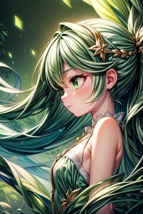 (green theme:1.3),best quality,Epic,highly detail,Illustration,Cover,enigmatic figure,draped in translucent fabric,crystals adorning hair,dreamlike swirl,pastel hues,soft light,evoking calm serenity and elusive beauty,Non-representational,colors and shapes...