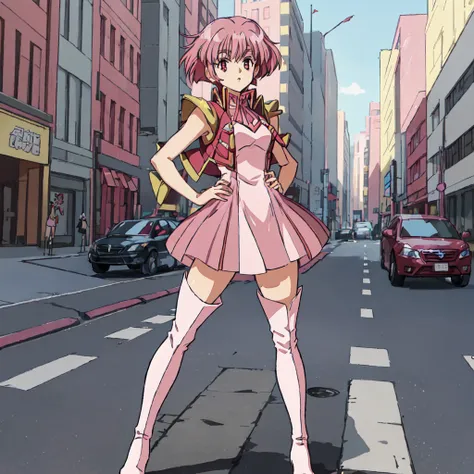 <lora:GaoGaiGar-10:1>outdoor,street,Masterpeace,high quality,  GaoGaiGar, 1girl, solo, short hair, pink hair, red eyes, pink-white dress, thigh boots, standing, full body, hand on hip