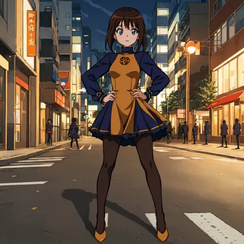 <lora:Kurumi_Tomonaga-10:1>outdoor,street,Masterpeace,high quality,Kurumi_Tomonaga, 1girl, solo,short hair, blue eyes,brown hair, long sleeves, dress, pantyhose, shoes, turtleneck, standing, full body, hand on hip