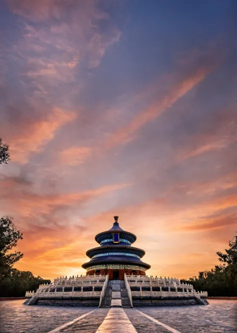 <lora:å¤©å:1>,temple of heaven,sky,scenery,outdoors,cloud,tree,sunset,solo,orange sky,cloudy sky,silhouette,no humans,twilight,bridge,medium_shot,, masterpiece, best quality,