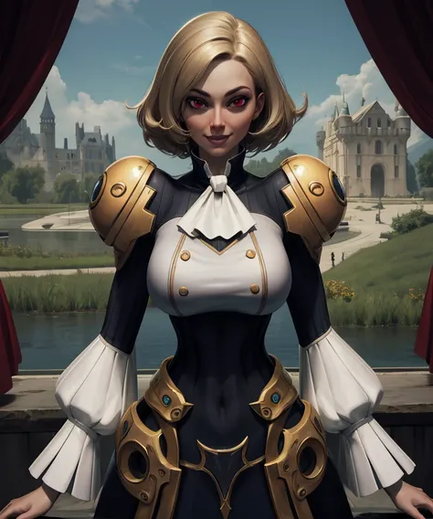 phoebe,red eyes,short hair,
dress,long sleeves,neckerchief,
standing,upper body,smile,gold trim,
science fiction,castle,
(insanely detailed, masterpiece, best quality),solo,<lora:Phoebe:0.8>,