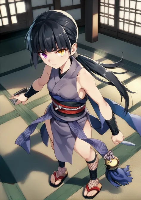 1girl, solo, fit, looking at viewer, black hair, long hair, hime cut, low ponytail, yellow eye, purple eye, slit pupils, small breasts, heterochromia, ninja, bare arms, fishnets, serious, japanese gauntlets, sandals, tabi, indoors, japanese castle, full bo...