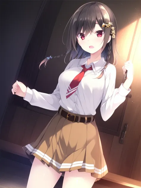 <lora:Sonoya_Chika:0.8>SonoyaChika, 1girl, solo, skirt, red eyes, shirt, red necktie, necktie, pleated skirt, miniskirt, white shirt, open mouth, braid, shiny hair, shiny, long sleeves, brown skirt, hair ornament, hair between eyes, belt, bangs, boots, sta...