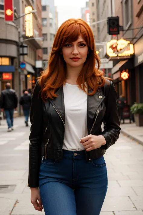 <lora:mondongo_LoRA_CristinaCastanho_v3:1> mndngwmn, redhead:0.5, bangs, wearing a leather black jacket, jeans, on a city downtown, daytime, (ultra realistic, 8k,high quality)