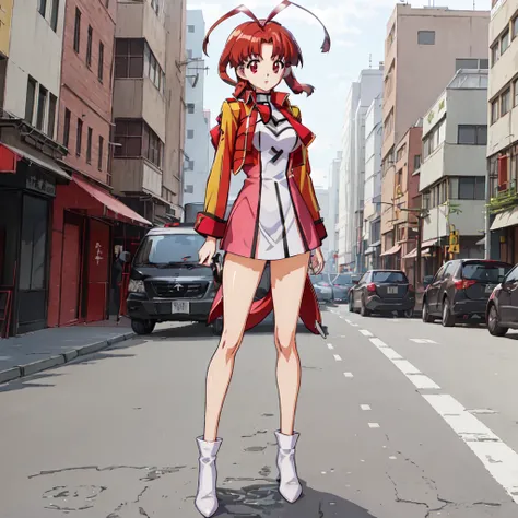 <lora:Mikoto_Utsugi-10:1>outdoor,street,Masterpeace,high quality, Mikoto_Utsugi, 1girl, solo,short hair, red eyes, long sleeves, red hair, uniform, antenna hair, cropped jacket, standing, full body, hand on hip