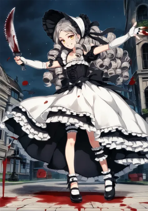 night, 1girl, solo, smile, teeth, reaching towards viewer, saw cleaver, cleaver, long hair, gray hair, curly hair, yellow eyes, bonnet, corset, elbow gloves, fingerless gloves, frills, garter belt, bridal garter, looking at viewer, full body, blood, blood ...