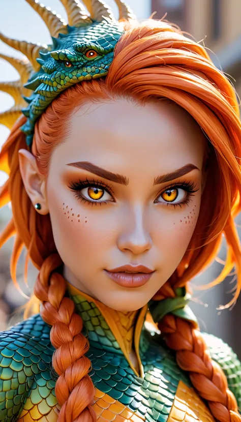 comic This stunning young woman, human dragon hybrid, extreme close-up, covered in green multicolored matte scales as skin, striking orange yellow reptilian eyes, dragon horns. Despite being bald except a braided auburn pony tail, she exudes confidence and...