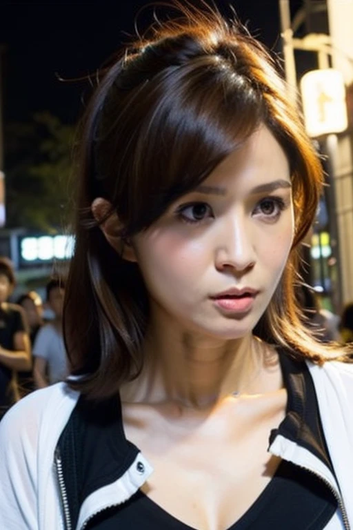 Best quality,masterpiece,ultra high res,(photorealistic:1.2),1girl,in the dark,deep shadow,low key,slim body,taipei street alley,dynamic pose,face closeup,brown hair,<lora:patty_wu:0.9>,small breasts,long hair,(cleavage:0.3),White collared short-sleeved sh...