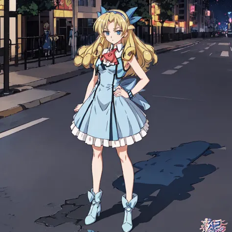 <lora:GaoGaiGar-10:1>outdoor,street,Masterpeace,high quality,  GaoGaiGar, 1girl, solo, long hair, blue eyes, blonde hair, Lightblue dress, Lightblue bow, ribbon, hairband, ascot, curly hair, shoes, standing, full body, hand on hip