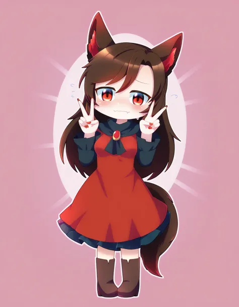 score_9, best quality, masterpiece, uncensored, source_anime
BREAK
imaizumi kagerou, alternate costume, animal ears, blush, boots, breasts, brown hair, chibi, double v, dress, fang, long hair, nail polish, red dress, red eyes, red nails, red ribbon, ribbon...