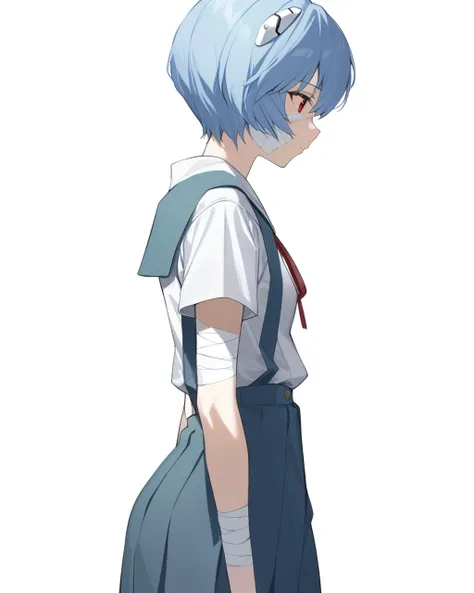 masterpiece,best quality,<lora:ayanami_reiv2:1>,tokyo-3_middle_school_uniform, suspender_skirt, bandages, from_side, neon_genesis_evangelion, 1girl, solo, white_background, blue_skirt, ribbon, ayanami_rei, bandaged_arm, short_sleeves, suspenders, simple_ba...