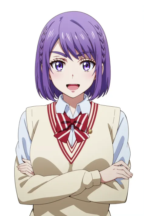 <lora:anime_screencap_v2:0.3>
portrait, solo focus, solo, close-up, (white background, plain background, simple background:1.3),
 <lora:yamada_purple-03:0.8> yamada_purple, 1girl, solo, school uniform, short hair, purple hair, purple eyes, crossed arms, sm...