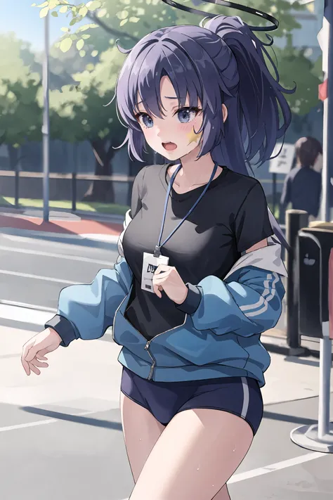 1girl, yuuka (blue archive), halo, track jacket, blue buruma, solo, t-shirt, id card, lanyard, ponytail, sticker on face, open clothes, running, cowboy shot,  track, open mouth, sweat, depth of field, masterpiece