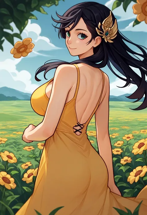 score_9, score_8_up, score_7_up, source_anime, from behind, solo, 1girl, rorbrunhilde, slight smile, looking back, black hair, hair ornament, yellow sundress, large breasts, flower field <lora:ror_brunhilde_ponyXL:1>