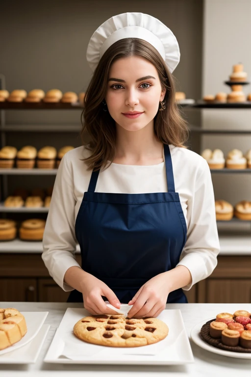 ((best quality)), ((masterpiece)), ((detailed)), portrait of Isabella, the French Patisserie Virtuoso, (artistic expression and French pastry mastery in her eyes:1.2), [expressive blue eyes], [patisserie attire with a chefs hat and baking tools], (crafting...