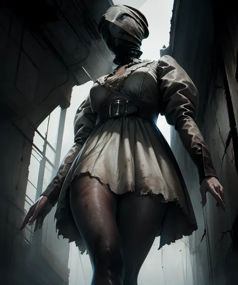 sally,head wrap,mask,
white dress,long sleeves,belt,dirty clothes,from below,puffy sleeves,
in air,floating,legs,
abandoned,dark corners,
(insanely detailed, masterpiece, best quality),solo,<lora:TheNurseSally:0.8>,