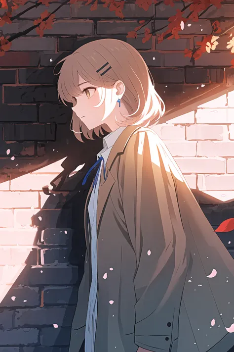 (best quality, masterpiece, highres),1girl,solo,messy mens hair,closed mouth,earrings,hairclip,ribbon,cowboy shot,brick wall,outdoors,dynamic_angle,wall,petals,light particles,wind,
<lora:a beam of light_v1.04:1>,light rays,shadow,